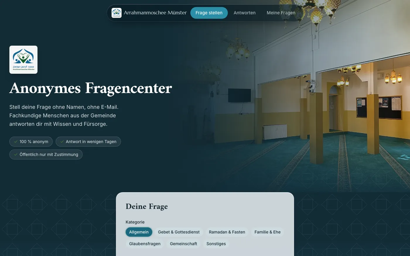 Startseite des Fragencenters der Arrahmanmoschee Münster