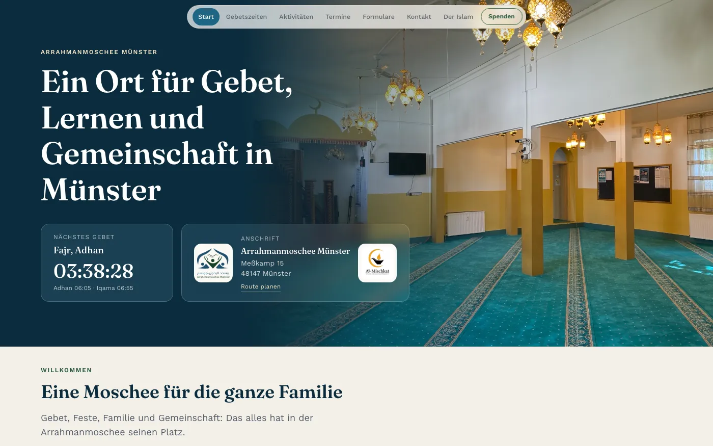 Startseite der Website der Arrahmanmoschee Münster